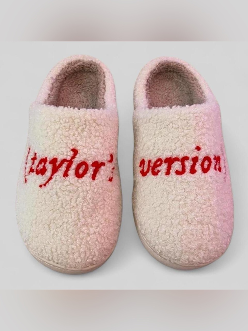 Taylor Swift Sherpa Slippers Cream Red Fuzzy Embroidered House Shoes, cozy, S
